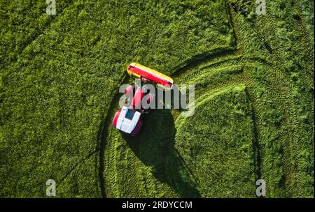 Traces de pneu du tracteur sur l'herbe dans la ferme Banque D'Images