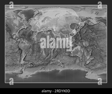 Plaque tectonique eurasienne sur la carte d'élévation en niveaux de gris dans la projection stéréographique de Gall centrée méridien. Banque D'Images