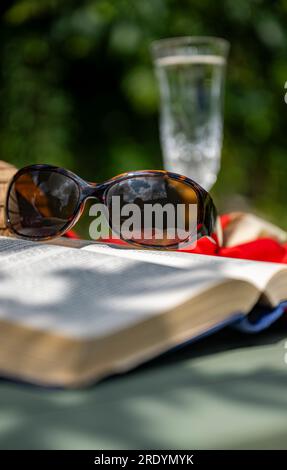 Scène emblématique d'été d'une chaude journée paresseuse d'été - un chapeau de soleil, un livre, une coupe de champagne et des lunettes de soleil Banque D'Images