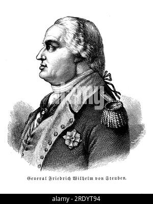 Le général Friedrich Wilhelm von Steuben (1730-1794) était un officier militaire prussien qui a joué un rôle crucial dans la guerre d'indépendance américaine en tant que maître de forage et inspecteur général de l'armée continentale. Arrivé dans les colonies américaines en 1777, von Steuben a apporté une vaste expérience militaire et une connaissance approfondie des tactiques de guerre européennes. Banque D'Images