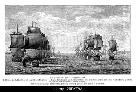 La bataille de Dogger Bank a eu lieu le 5 août 1781, pendant la quatrième guerre anglo-néerlandaise. Il s'agissait d'un engagement naval entre la Royal Navy britannique et la Marine néerlandaise dans les eaux de la mer du Nord, près de Dogger Bank. Malgré la mise en place d'une défense courageuse par les Néerlandais, ils ont finalement été dépassés et surpassés en nombre. Banque D'Images