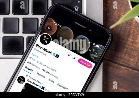 Antalya, Turquie - 24 juillet 2023 : page d'accueil du compte Elon Musk Twitter X avec le logo Twitter X sur smartphone Banque D'Images