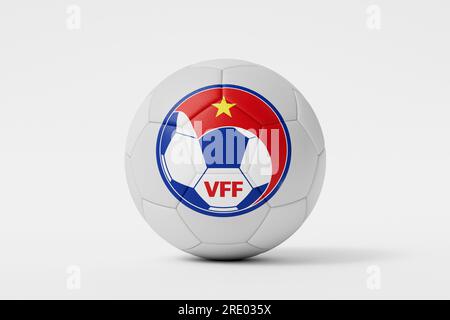 LONDRES, Royaume-Uni - juillet 2023 : badge logo de l'équipe nationale vietnamienne de football sur un ballon de football. Rendu 3D. Banque D'Images