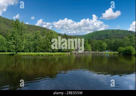 Paysage au lac de baignade Fleckensteiner Weiher, Lembach, Alsace, France, Europe Banque D'Images