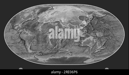 Plaque tectonique eurasienne sur la carte d'élévation en niveaux de gris dans la projection loximuthale centrée méridien. Banque D'Images