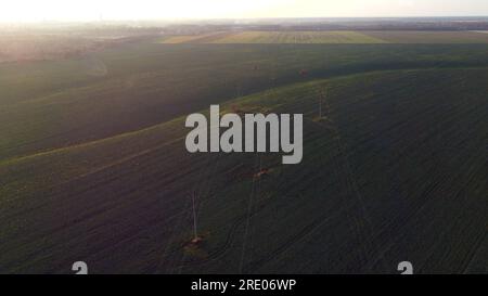 Belle vue du paysage des champs agricoles avec des usines agro-industrielles vertes et des lignes électriques à haute tension dans le champ. Éblouissement rouge du soleil. Survol des champs industriels agraires le matin ensoleillé soir Banque D'Images