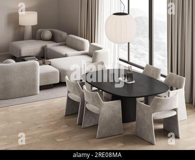 Intérieur du salon beige en bois avec table à manger et canapé avec lampe. Minimalisme salle naturelle japonaise sur parquet. Fenêtre avec campagne. 3d Banque D'Images