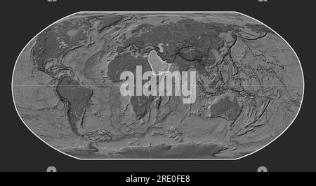 Plaque tectonique arabe sur la carte d'élévation à deux niveaux dans la projection de Robinson centrée méridien. Banque D'Images