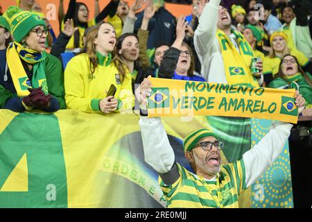 Adelaide, Australia. 24th July, 2023. Supporters of Brazil cheer during the Group F match between Brazil and Panama at the 2023 FIFA Women's World Cup in Adelaide, Australia, July 24, 2023. Credit: Xiong Qi/Xinhua/Alamy Live News Banque D'Images