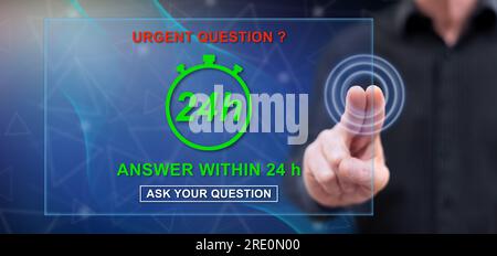 Homme touchant un concept de questions urgentes sur un écran tactile avec ses doigts Banque D'Images
