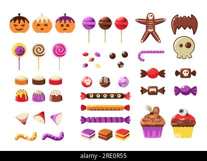 Desserts d'Halloween. Friandises colorées pour les enfants, barre de bonbons de dessin animé décorée avec des éléments effrayants pour la fête traditionnelle d'octobre. Jeu de vecteurs Illustration de Vecteur