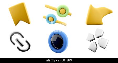 Bouton de démarrage de rendu 3D étincelant, drapeau de signet jaune, flèches de direction, avant, hyperlien, jeu d'icônes de barre de défilement de ligne. concept de conception d'interface utilisateur de rendu 3d. Banque D'Images