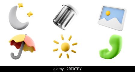 Rendu 3d soleil brillant avec des rayons, téléphone à domicile vert, poubelle, image, parapluie, icône mise en veille prolongée définie. jeu d'icônes de concept d'interface utilisateur de rendu 3d. Banque D'Images