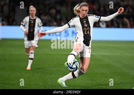 Melbourne, Australie. 24 juillet 2023. Football, femmes : coupe du monde, Allemagne - Maroc, tour préliminaire, Groupe H, journée 1, stade rectangulaire de Melbourne. La marque allemande Jule. Crédit : Sebastian Christoph Gollnow/dpa/Alamy Live News Banque D'Images