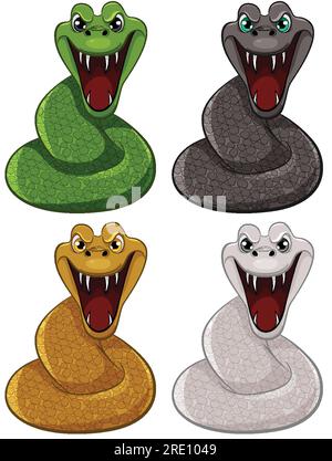 Quatre serpents python à la bouche ouverte et aux dents pointues, prêts à mordre, isolés sur fond blanc Illustration de Vecteur