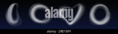 Ensemble réaliste d'anneaux de poussière isolés sur fond transparent. Illustration vectorielle de cercle, ovale, évaporation de vapeur en forme de coeur, cigarette, vape, tourbillons de narguilé, effet bouffant, émission de smog de co2 Illustration de Vecteur