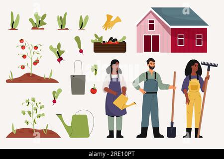 Agriculteurs et cultures. Personnages de dessins animés travaillant à la ferme avec des plantes et des outils organiques, le jardinage et le concept de travail du sol agricole, les travailleurs agricoles au travail Illustration de Vecteur