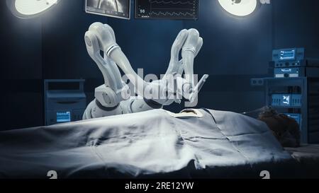 Hôpital moderne : patient de chirurgie reposant sur la table chirurgicale tandis que les bras de robot effectuant la nanochirurgie de haute précision. Robotique automatisée et programmable Banque D'Images