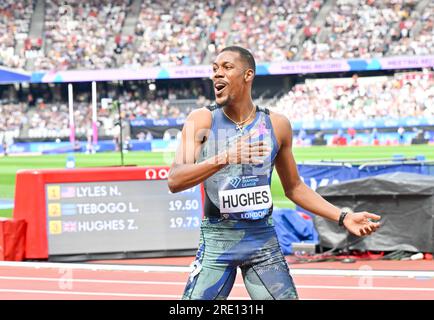 Londres, Royaume-Uni. 23 juillet 2023. London Stadium, Queen Elizabeth Park, Londres, Royaume-Uni le 23 2023 juillet. 200m hommes, 1st LYLES Noah USA, 2nd TEBOGO Letsile BOT, 3rd HUGHES Zharnel GBR, 4th KING Kyree USA, 5th OGANDO Alexander DOM, 6th MATADI Emmanuel LBR, 7th FERGUSON Joe GBR, 8th EFOLOKO Jona GBR, lors de la Wanda Diamond League London Athletics Meet au London Stadium, Queen Elizabeth Park, Londres Royaume-Uni le 23 2023 juillet. Crédit photo : Francis Knight/Alamy Live News Banque D'Images