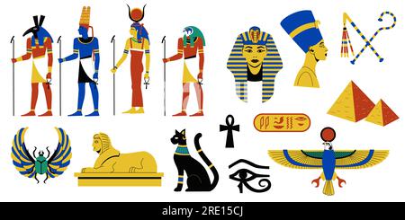 Collection de mythologie égyptienne. Religion égyptienne antique et archéologie, symboles hiéroglyphiques des dieux et déesses pharaons anciens. Jeu de vecteurs Illustration de Vecteur