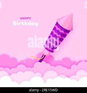 Feux d'artifice papier roquette coupé nuage bday fond violet joyeux anniversaire plat. Carte de voeux paysage papier découpé violet rose mignon modèle ciel bannière affiche de circulaire féliciter carte postale événement des fêtes Illustration de Vecteur