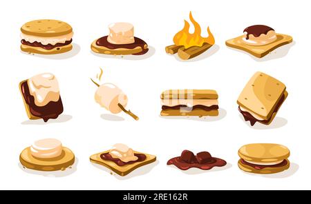 Smore Set. En-cas sucré marshmallow rôti croustillant de dessin animé, dessert délicieux avec mascottes à biscuits au chocolat, en-cas feu de camp d'été. Vecteur isolé Illustration de Vecteur