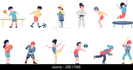 Adolescents sportifs plats, enfants sportifs sportifs. Les étudiants jouent au volley-ball, au football et au ski. Petit champion de baseball, personnages vectoriels récents Illustration de Vecteur