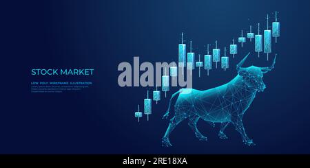 Bull japonais et chandeliers sur un fond bleu technologie. Illustration de Vecteur