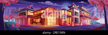 Nuit China Town Street dans la ville moderne. Illustration de dessin animé vectoriel de vieux bâtiments chinois, magasin de thé, restaurant de cuisine traditionnelle, lanternes de papier rouge, gratte-ciel urbains, étoiles et lune dans le ciel Illustration de Vecteur