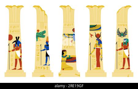 Pilier égyptien. Anciennes colonnes cassées avec des formes ornementales, éléments décoratifs de bâtiment de temple de style 2D. Ensemble isolé de vecteur Illustration de Vecteur