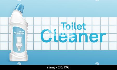 Bannière de nettoyant pour toilettes, bouteille en plastique de détergent liquide avec bol propre sur l'étiquette sur fond de mur en céramique carrelé blanc. Produit chimique pour nettoyer la publicité promo de salle de bain, vecteur 3d réaliste Illustration de Vecteur