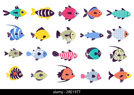 Poisson tropical. Animaux de mer ornementaux exotiques, animaux aquatiques de bande dessinée dans l'aquarium, collection colorée de poissons. Ensemble isolé de vecteur Illustration de Vecteur