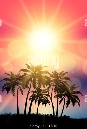 Paysage tropical avec des palmiers silhouettés contre un ciel de coucher de soleil Illustration de Vecteur