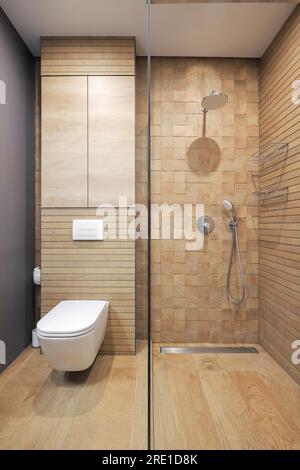 Intérieur moderne de la salle de bains avec cabine de douche et cuvette blanche Banque D'Images