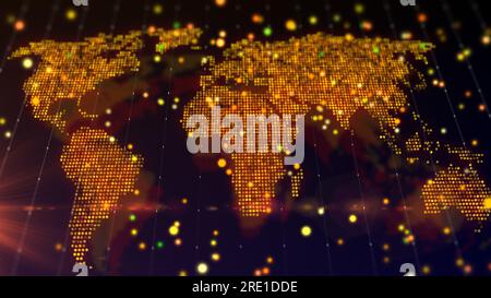 Rendu 3D carte numérique du monde sous la forme d'une composition de particules brillantes. Composition virtuelle Big Data dans les contours géographiques. Banque D'Images