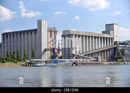 Rouen Grand Couronne (nord de la France) : le port fluvial de l'autre côté de la Seine, port HAROPA. Silos à grains Senalia sur les rives de la Seine Banque D'Images