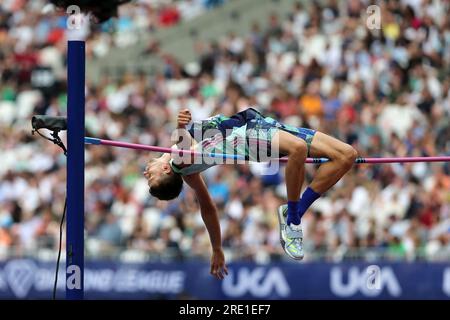 Andrii PROTSENKO (Ukraine) concourant à la finale de saut en hauteur masculin en 2023, IAAF Diamond League, Queen Elizabeth Olympic Park, Stratford, Londres, Royaume-Uni. Banque D'Images