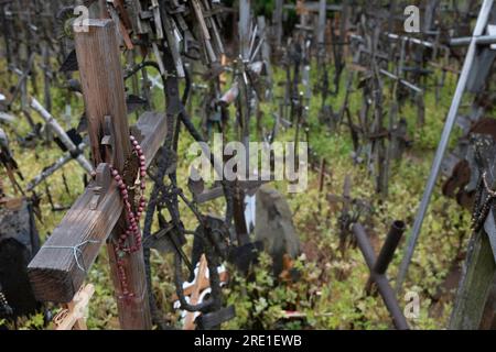 Crucifix et croix sur la « Colline des croix », un lieu de pèlerinage au nord de la ville de Šiauliai, au nord de la Lituanie. Profondeur de champ étroite Banque D'Images