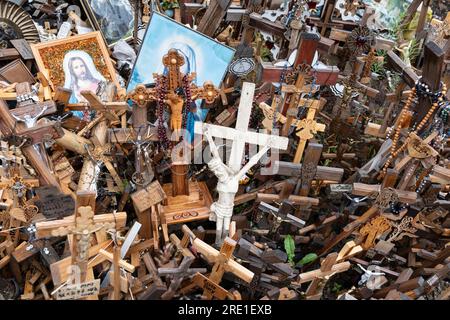 Crucifix et croix sur la « Colline des croix », un lieu de pèlerinage au nord de la ville de Šiauliai, au nord de la Lituanie. Profondeur de champ étroite Banque D'Images