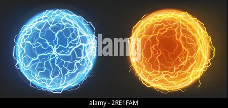 Boules électriques, sphères de plasma, cercle de foudre frappent dans des couleurs bleues et orange. Décharge électrique puissante, flash d'énergie magique isolé sur fond noir, illustration vectorielle réaliste 3D. Illustration de Vecteur
