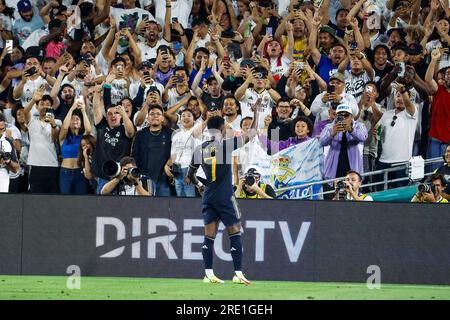 Los Angeles, États-Unis. 23 juillet 2023. L'attaquant du Real Madrid Vinícius Júnior célèbre un but lors d'un match du Soccer Champions Tour entre l'AC Milan et le Real Madrid FC à Pasadena. Score final : Real Madrid FC 3:2 AC Milan crédit : SOPA Images Limited/Alamy Live News Banque D'Images