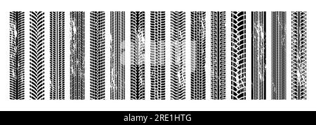 Chenilles grunge pour automobiles. Marques de pneus en caoutchouc noir et marques de bande de roulement pour les courses automobiles et de moto. Collection isolée de vecteurs. Trace sale de véhicule, roues de transport conduisant imprime un design noir Illustration de Vecteur