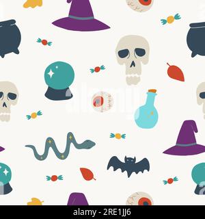 Halloween illustrations vectorielles contemporaines à la mode modèle sans couture. Fond d'éléments colorés modernes dessinés à la main avec crânes, flacon, serpent, chauve-souris et Illustration de Vecteur