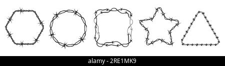 Formes de fil barbelé. Silhouettes de fils barbelés noirs, panneaux de protection des limites militaires, clôture de sécurité de l'école et frontière de la prison. Collection isolée de vecteurs. Cercles, carrés et étoiles avec des pointes Illustration de Vecteur