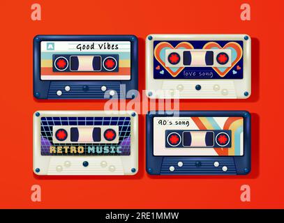 Cassette VHS. vecteur 3d de super hits impressionnants vieilles bandes avec le thème rock, rétro et amour. années 80, style des années 90, technologie dépassée et concepts musicaux Illustration de Vecteur