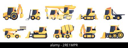 Machinerie lourde. Tracteur chargeuse excavatrice bulldozer de voiture, équipement minier et de construction pour la construction de la pelle, le chargement et le déchargement concept. Jeu de vecteurs. Transport industriel jaune Illustration de Vecteur