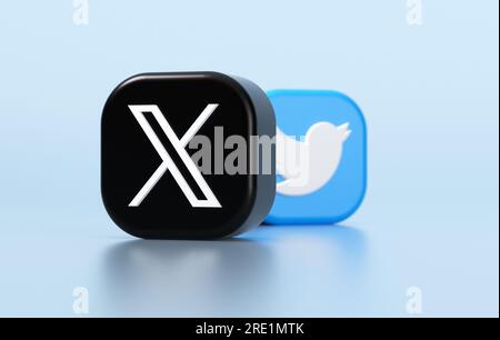 Valence, Espagne - juillet 2023 : logos des applications X et Twitter sur fond bleu en rendu 3D. X est le nouveau nom et logo du réseau social TW Banque D'Images
