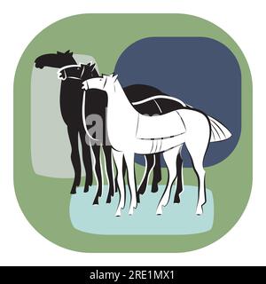 Trois chevaux noirs et blancs sur fond de taches multicolores. Silhouettes d'étalons debout sellés. Les Mustangs se tiennent les uns derrière les autres dans un harnais. G Illustration de Vecteur