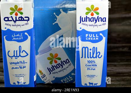 Gizeh, Égypte, juillet 21 2023 : Juhayna pleine crème paquet de bouteille de lait de vache frais de 1 litres avec calcium et vitamines, focalisation sélective de JO Banque D'Images