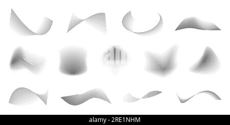 Ondes demi-teintes. Figurines courbes à pois rétro avec effet dégradé comique abstrait, formes pointillées de peinture en spray, impression de points noirs. Ensemble isolé de vecteur. Surfaces ondulées, détails de design pop Illustration de Vecteur